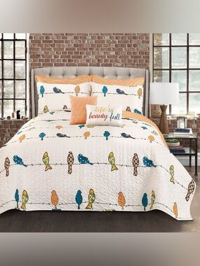 Lush Decor Rowley Birds King Quilt Set 6pc Blue Orange Bedding